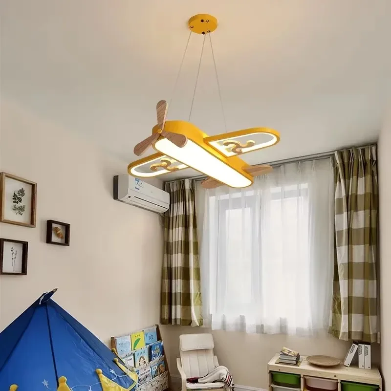 

‌Aircraft LED Ceiling Light Wooden Cartoon Kids Room Lamp Yellow Blue Design Bedroom Nursery Lighting Home Decor