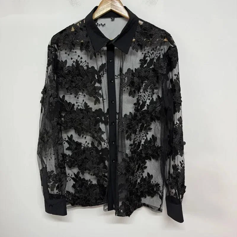 Niche Men's Shirt Three-dimensional Embroidered Flowers Sheer Mesh Design 2025 New Fashion Lapel Long Sleeve Shirts VFGT67