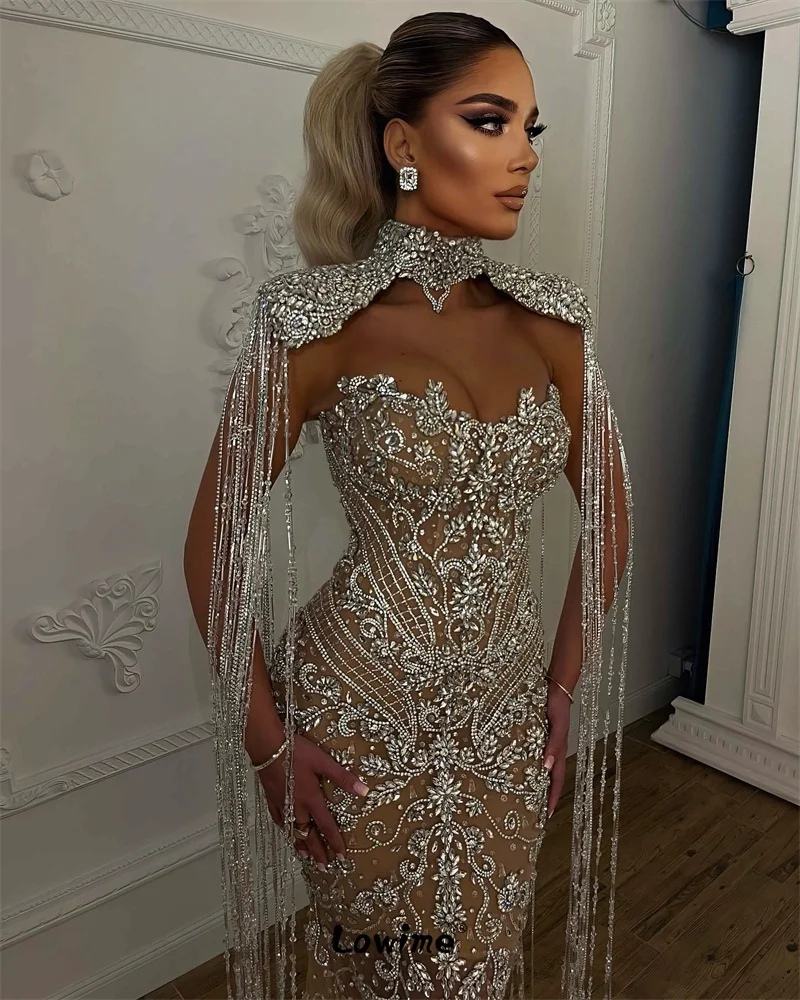 Champagne Evening Dress Luxury Celebrity Dresses 2 In 1 Mermaid Party Dress Crystals Tassel Prom Gowns Robe De Soiree Customized