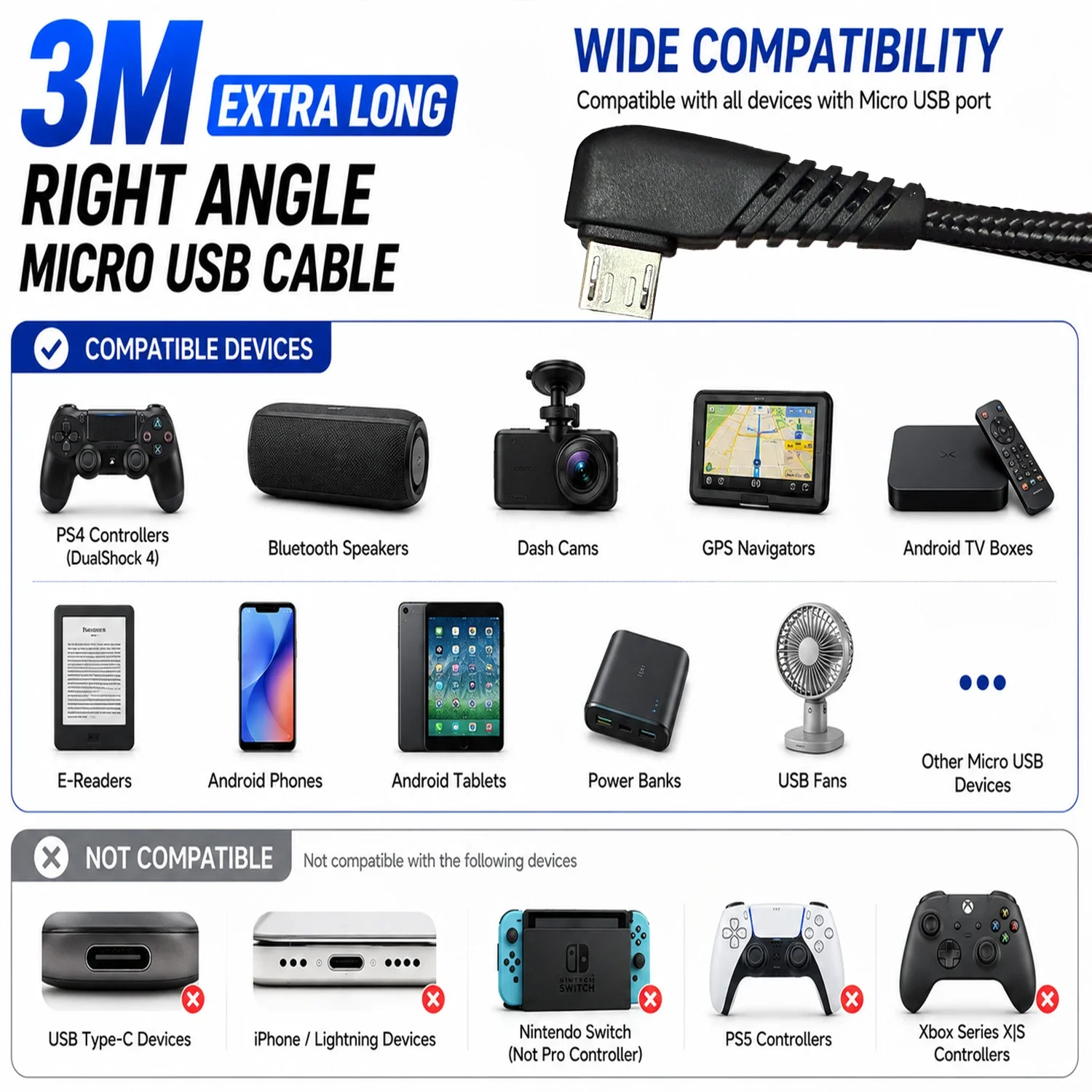 Right Angle Micro USB Cable 3M Extra Long, 3A Fast Charging Braided Charger for PS4 DualShock 4, Speaker, GPS, Android Box view 5