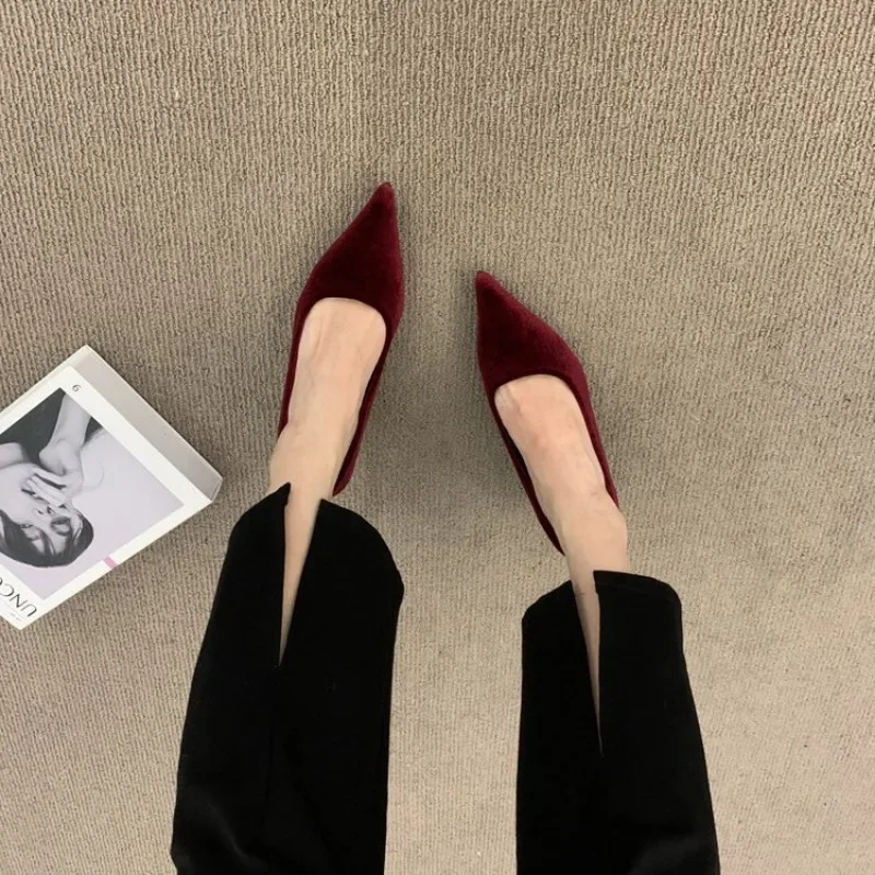 2024 Fashion Heels Shoes Women Low Heel Pointed Toe Pumps Velvet Shoes Slip-on Cozy Heeled Shoes High Heels Women Zapatos Mujer