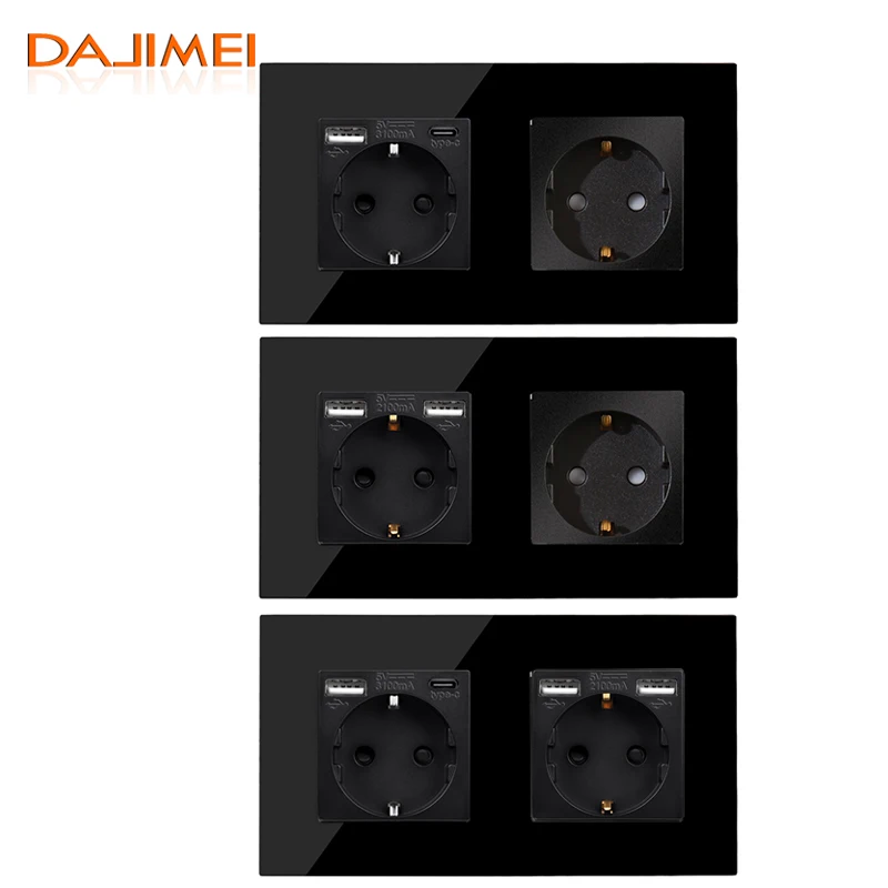 DAJIMEI Type-C Interface Outlet Wall EU Standard Sockets with USB Charge Port Double Wall Power Socket for Home Glass Panel