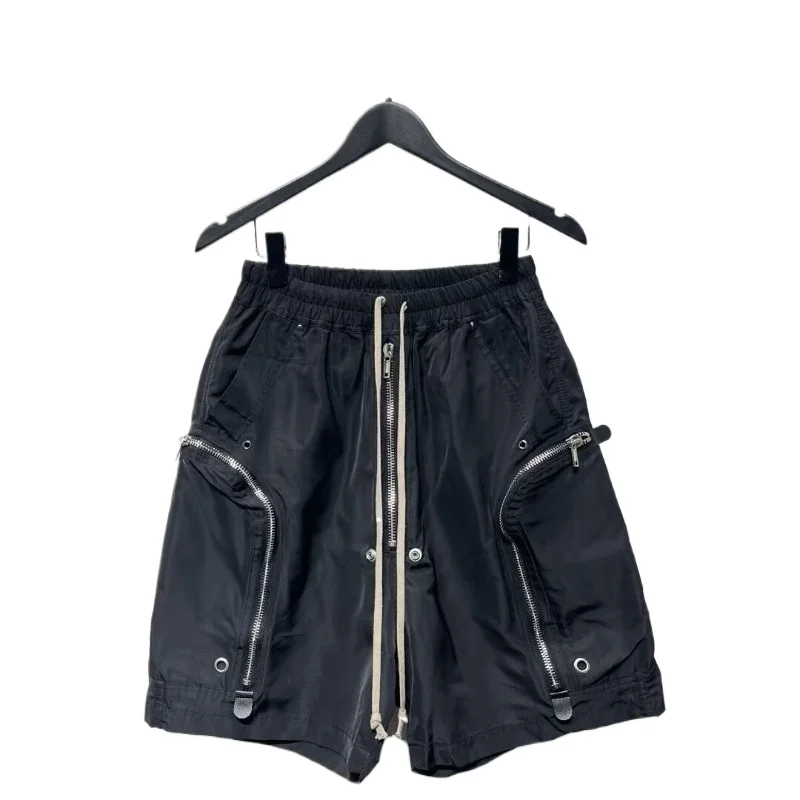 2026 New Men's Techwear Cargo Shorts Multi-Zipper Pocket Elastic Waist Drawstring Streetwear Casual Shorts