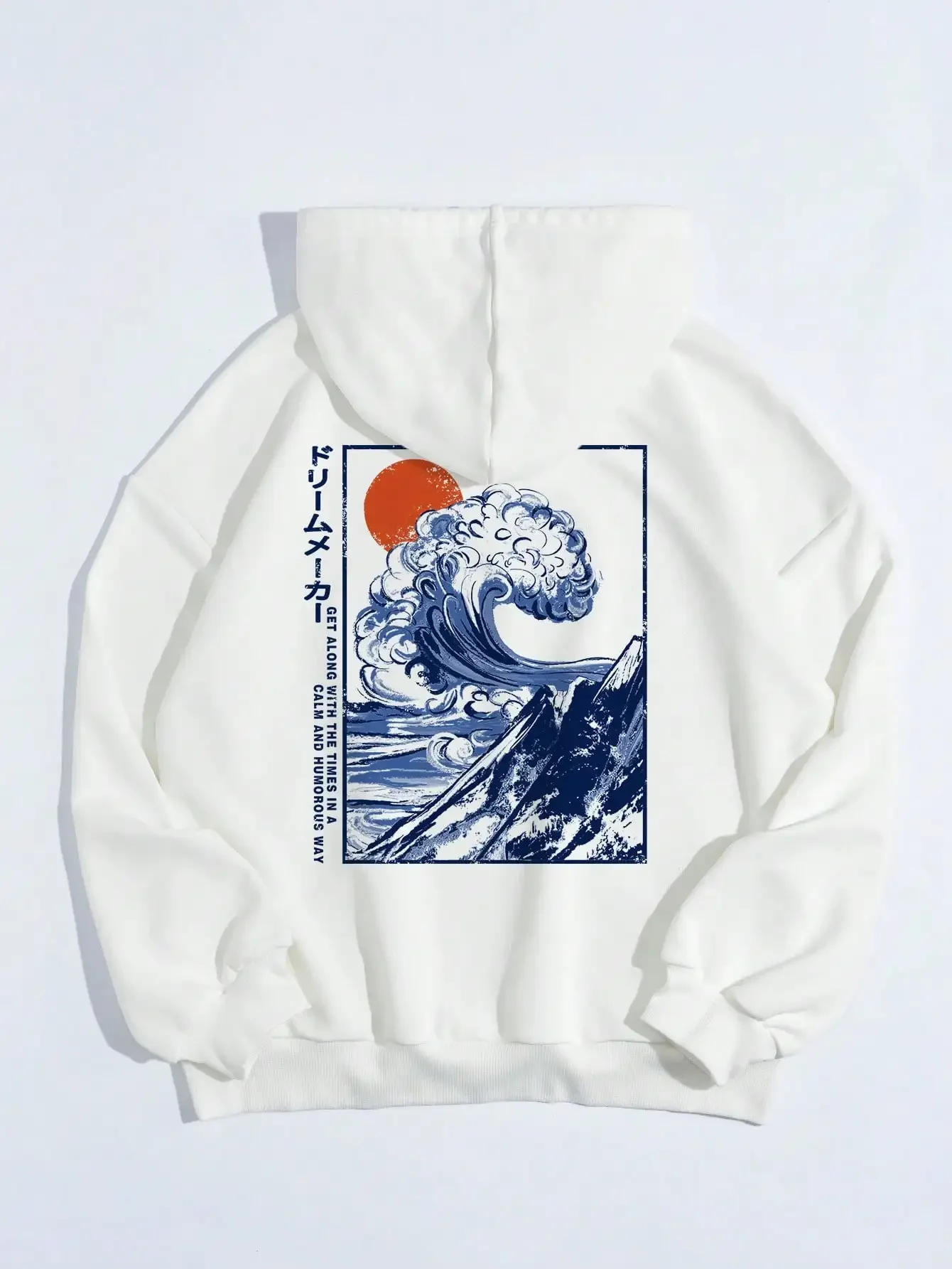 Japanese Harajuku Ocean Wave Anime Design Print Hoodie Women Loose Warm Hoody Casual Sweatshirt Autumn Personality Streetwear