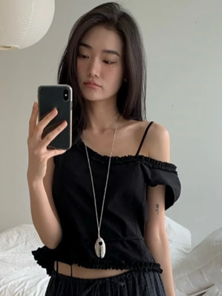 

Ретро-корейская женская блузка с коротким рукавом, двусторонняя, с дизайном на одно плечо и бантом, для повседневной носки и поездок на работу