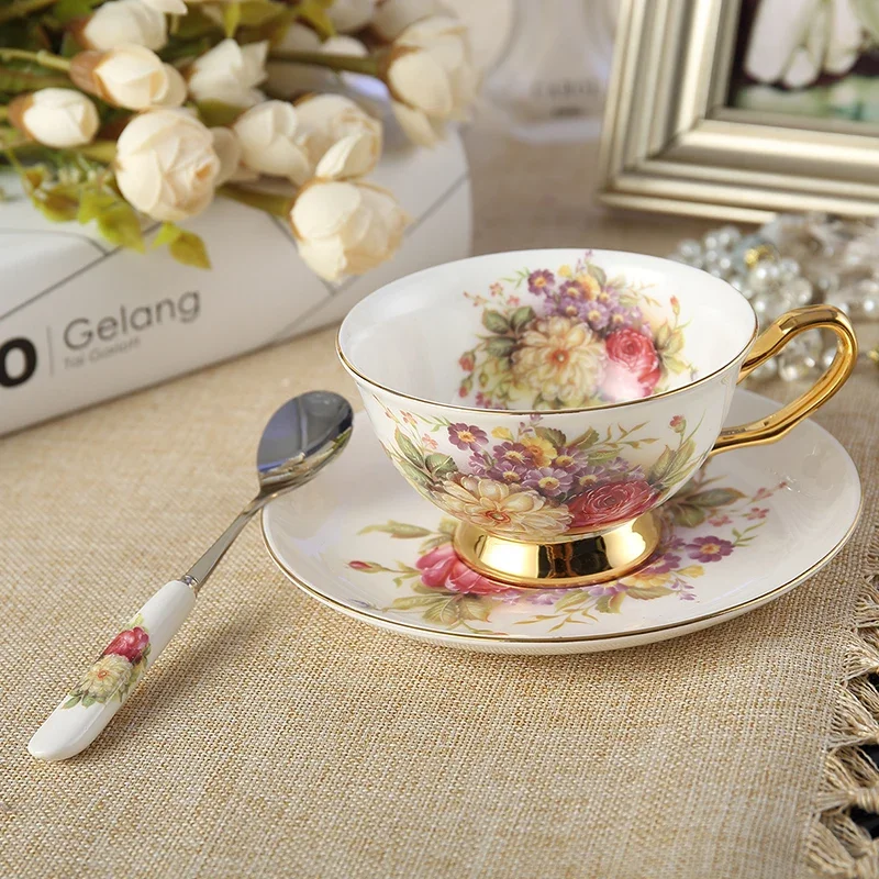 Pastoral Floral Bone China Tea Cup Saucer Spoon Set 200ml Cafe Ceramic Coffee Cup Elegant Advanced Porcelain Teacup Dropshipping