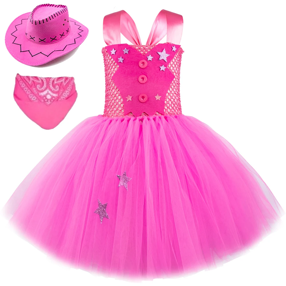 Hot Pink Cowgirl Fancy Dress for Girls Movie Barbi Ballet Tutus Outfits Kids Christmas Halloween Costumes Birthday Party Clothes