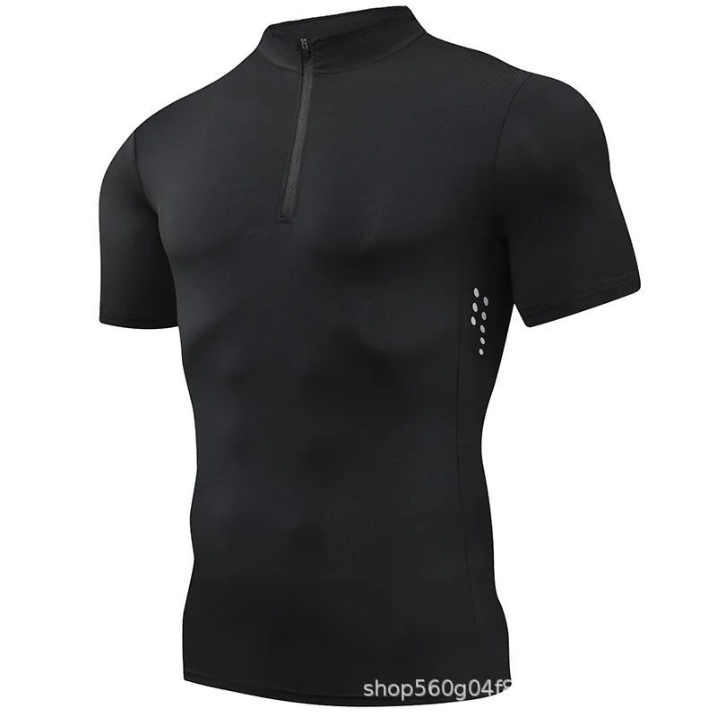 Half Zip Stretch Quick Dry Stand Collar Running Shirt Men Compression Crossfit Trainning Gym Fitness T-Shirt Sportswear Clothing