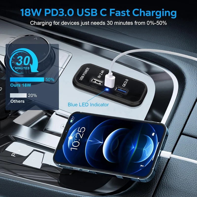 3 Ports 12V USB Outlet Charger, PD3.0 Type C, QC 3.0 USB A & 2.4A USB A Fast Charger Socket Adapter For Car Marine