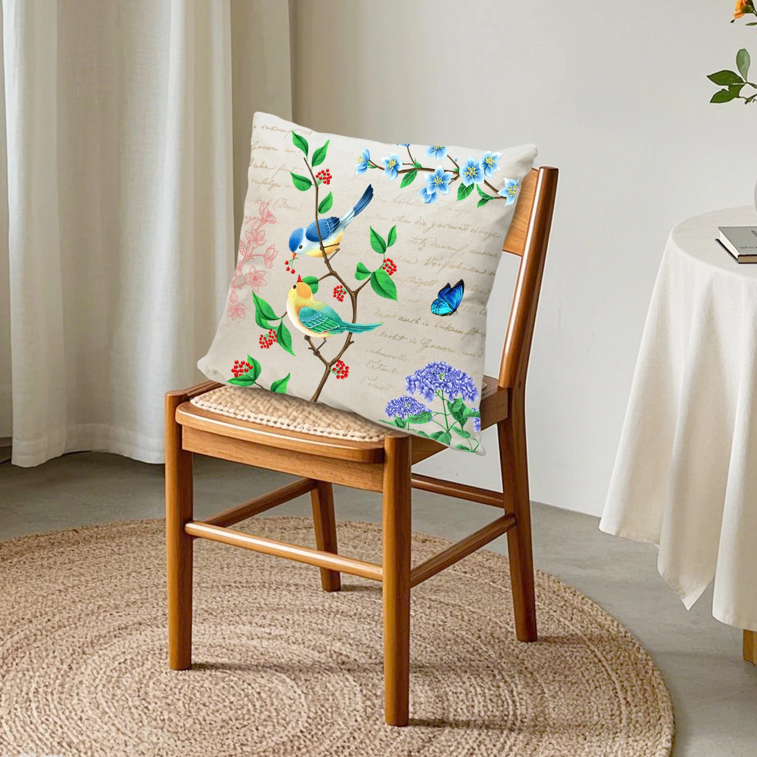 Songbird Bird Floral Linen Pillow Cover Spring Garden Throw Cushion Case Botanical Cottagecore Home Decor Living RoomSofa Couch