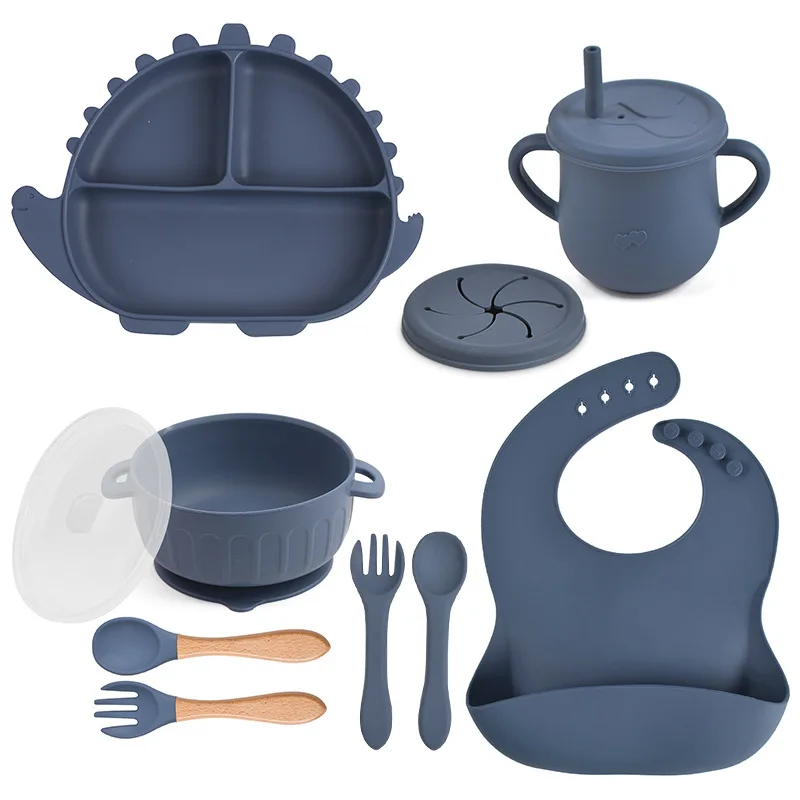 10Pcs Baby Silicone Dinosaur Plate With Lid Waterproof Bib Cup Wood Spoon Fork Bowl Set Newborn Feeding Anti slip Tableware Set