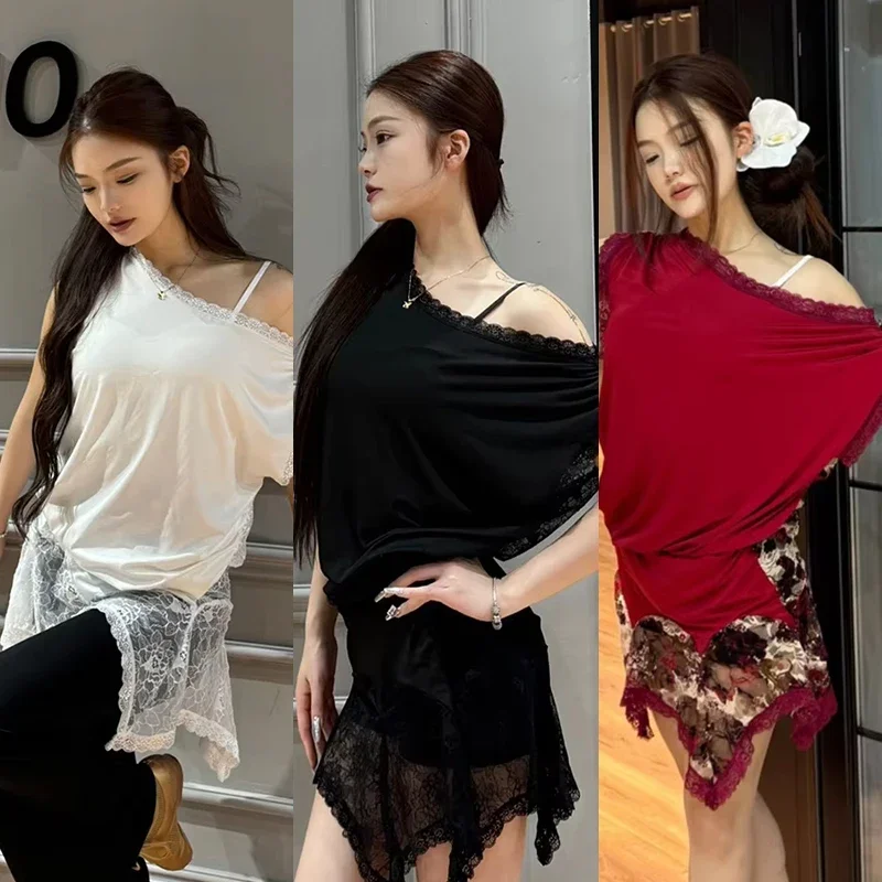 

New Latin Dance Clothes Lace Oblique Shoulder Sleeveless Dress Women Irregular Printed Top Latin Tango Training Dancewear