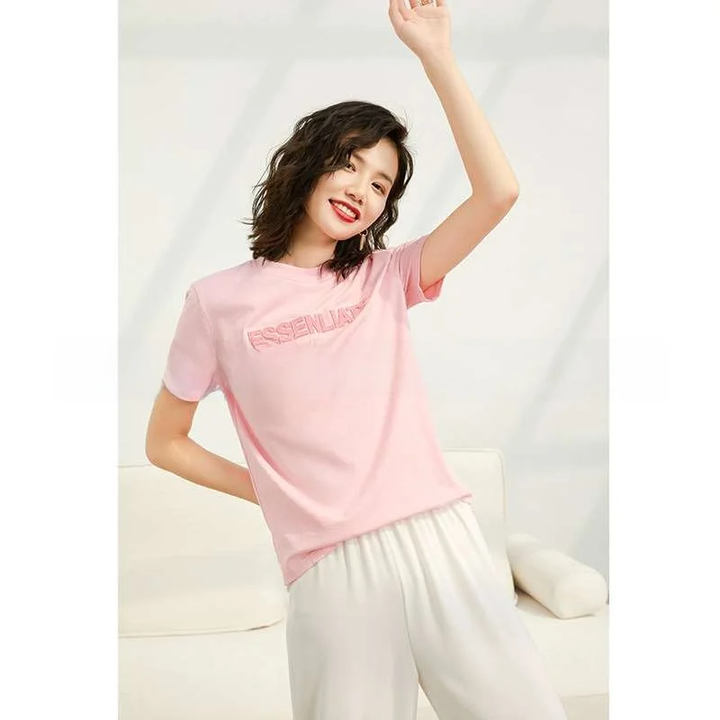 

Eat New Color Pure Cotton White T-irt Women ort SV Casual round Ne 3D Pattern ort Sve Spring Faion Ladies Top