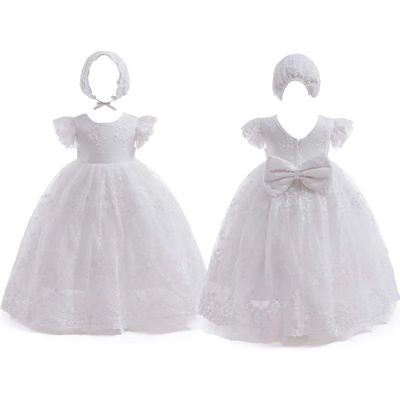 

Christening Dresses Baby Girls White Embroidery Dress with Hat Infant Baptism Gown Princess Wedding Party Dress for Baby 3-24M