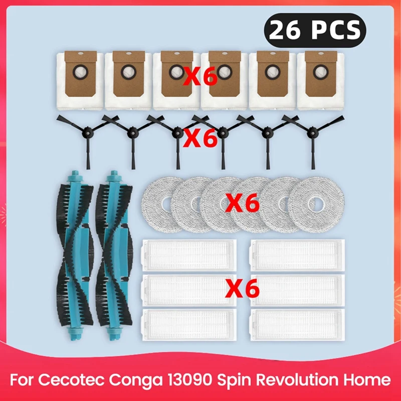 AS94-For Cecotec Conga 13090 Spin Revolution Home Spare Parts Main Side Brush HEPA Filter Mop Cloth Dust Bags Accessories