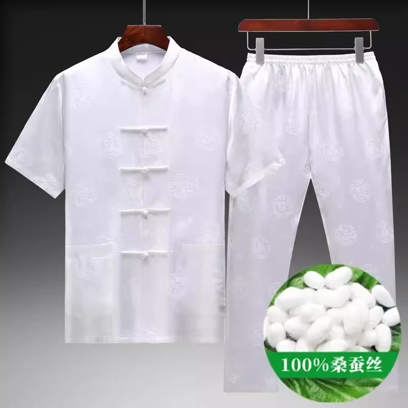 

High Quality Real Silk Suit New Summer Men's Heavy Ethnic Style Short Sleeve Outfit Chinese