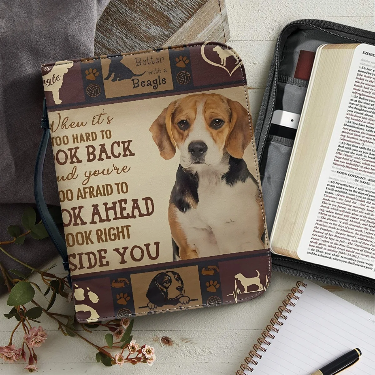 Dog Lover's PU Leather Bible Bag Fashion Beagle Dogs Old Poster Holy Cover Case Carry Bag Book Storage Bag Book Holy Storage Box