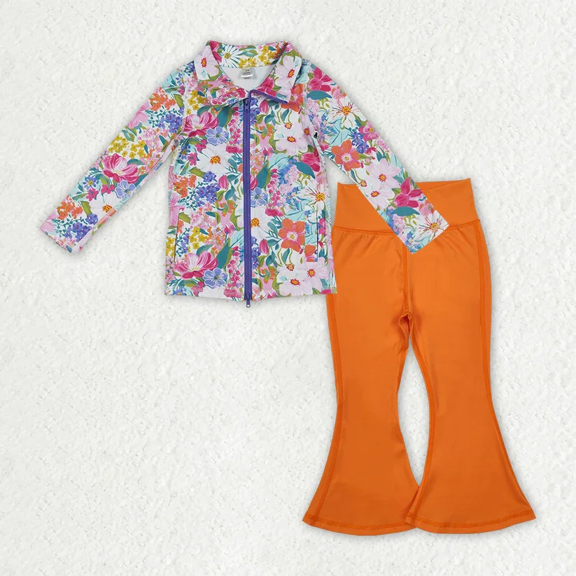 

Colorful Floral baby Girls Yoga Zipper Long-Sleeved Top Orange Yoga Pants set