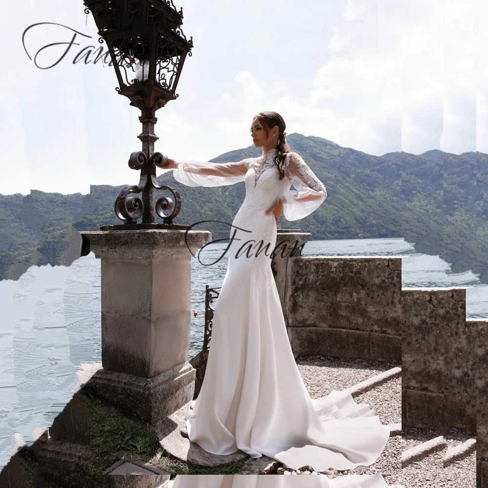 

Eleagnt High Neck Long Sleeves Wedding Dresses Floor Length Lace Applique Bride Dress Beading Mermaid Gowns 2022