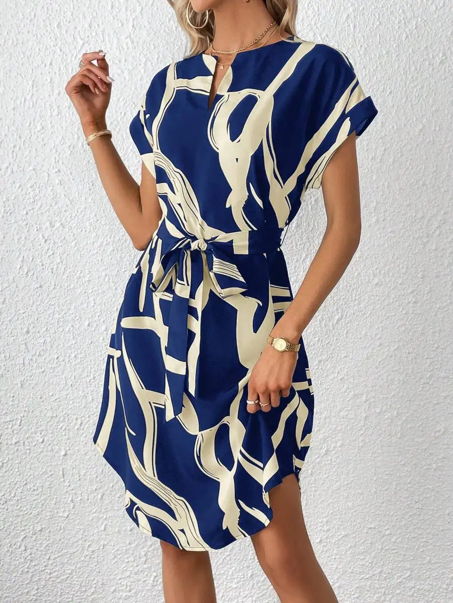 

Womens Notched Collar Printed Belted Casual Dress For Spring Summer