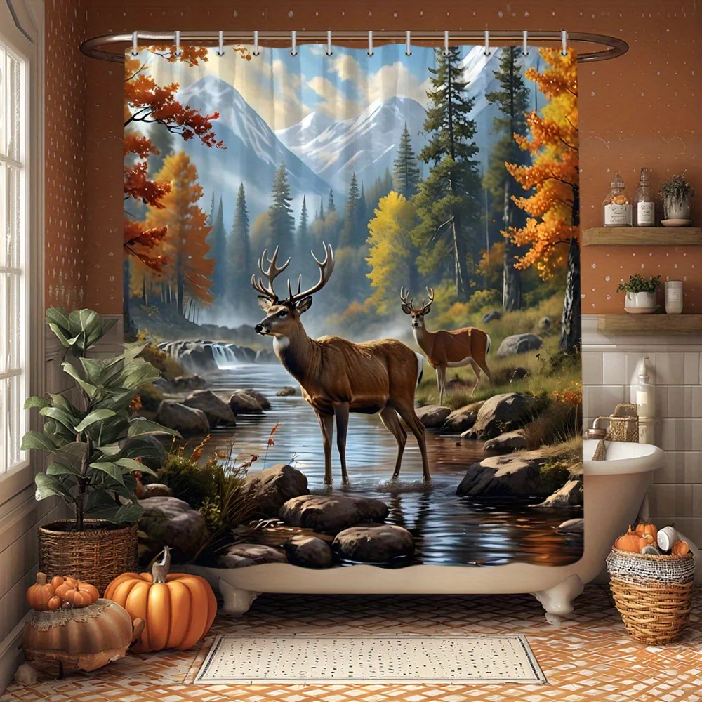 Waterproof Polyester Shower Curtain Autumn Deer Forest Nature Bathroom Decor Woodland Wildlife Curtain Fall Home Accessories