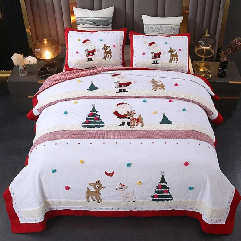 Christmas Handmade Applique Bedspread Set for Kids Cotton Quilt Set 3-pieces Summer Comforter Quilted Patchwork Bed Cover Colcha