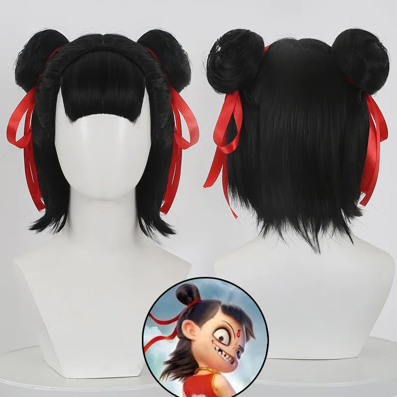 Ne ZhaThe Demon Child Reincarnated Ne Zha コスプレウィッグ ブラック アニメコスプレウィッグ 頭皮用の取り外し可能なお団子付き。