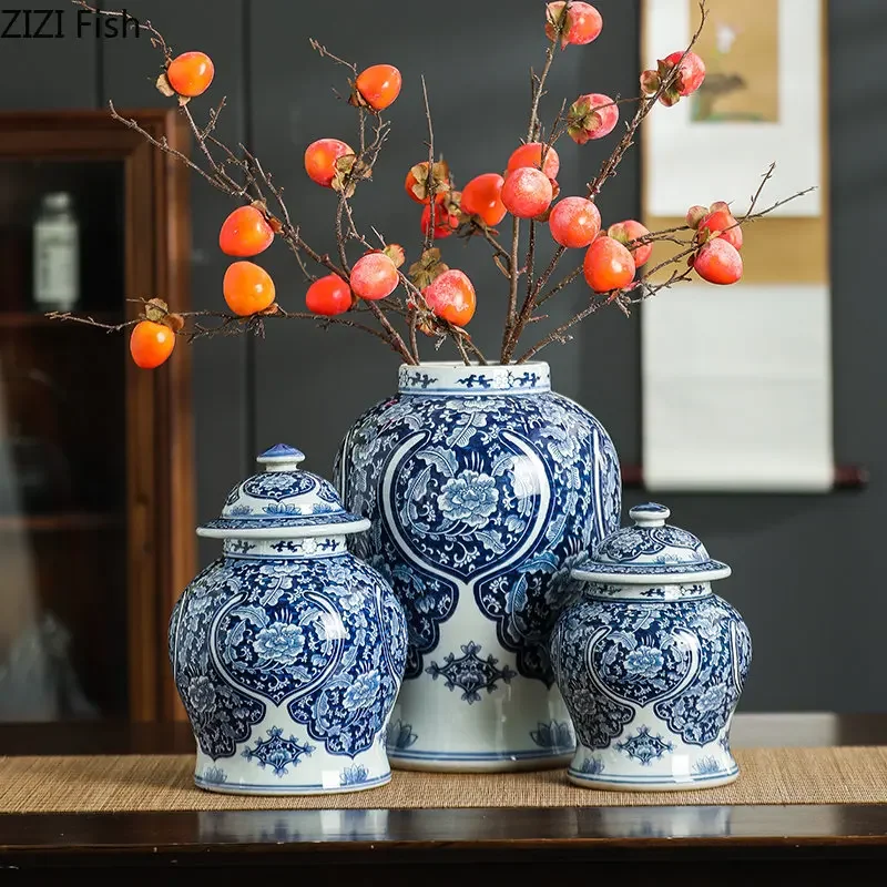 

Classical Blue and White Porcelain Storage Jar with Lid Tea Canister Candy Pots Ginger Jar Desk Decoration Flower Arrangement