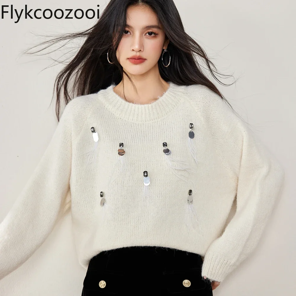 Women's 24th Autumn and Winter New Style Rhinestone Glitter Round Neck Sweater Casacos De Inverno Feminino Pullover