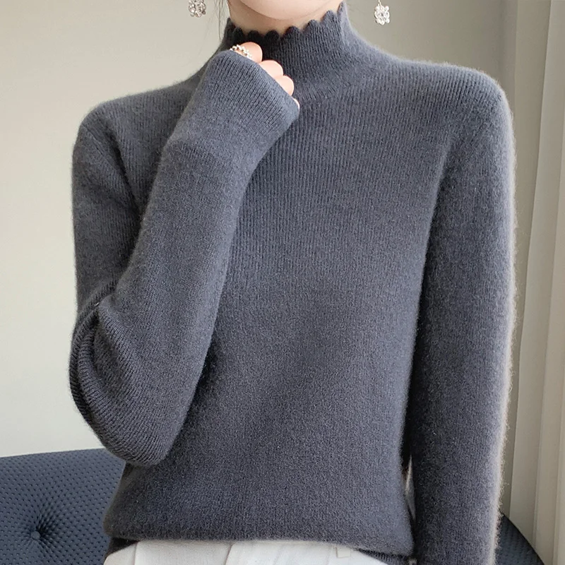 2023 Autumn Winter New Cashmere Sweater Women Mock Neck  Knitted Sweaters Loose  Fashion Cashmere Sweater