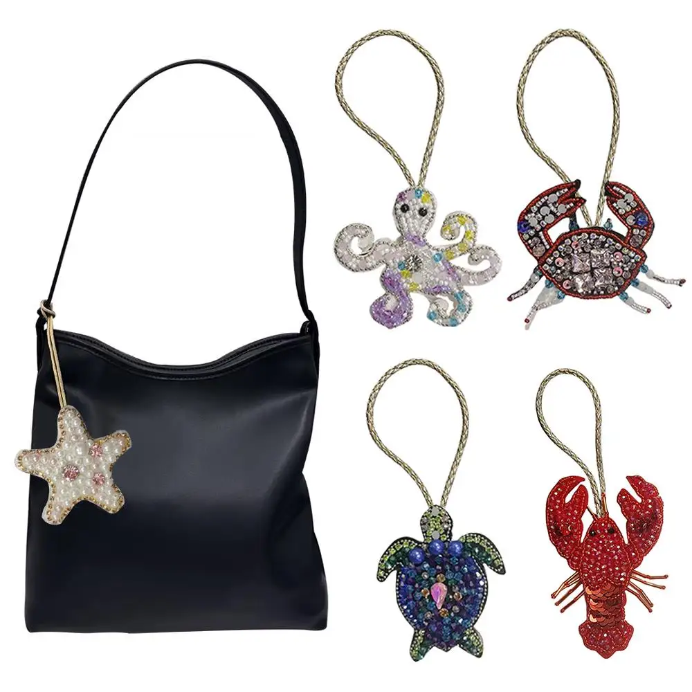 Handmade Beaded Lobster Hanging Rope Patch Fashion Rhinestone Crab Hangings Crystal Bag Lanyard Beading Applique Key Chains