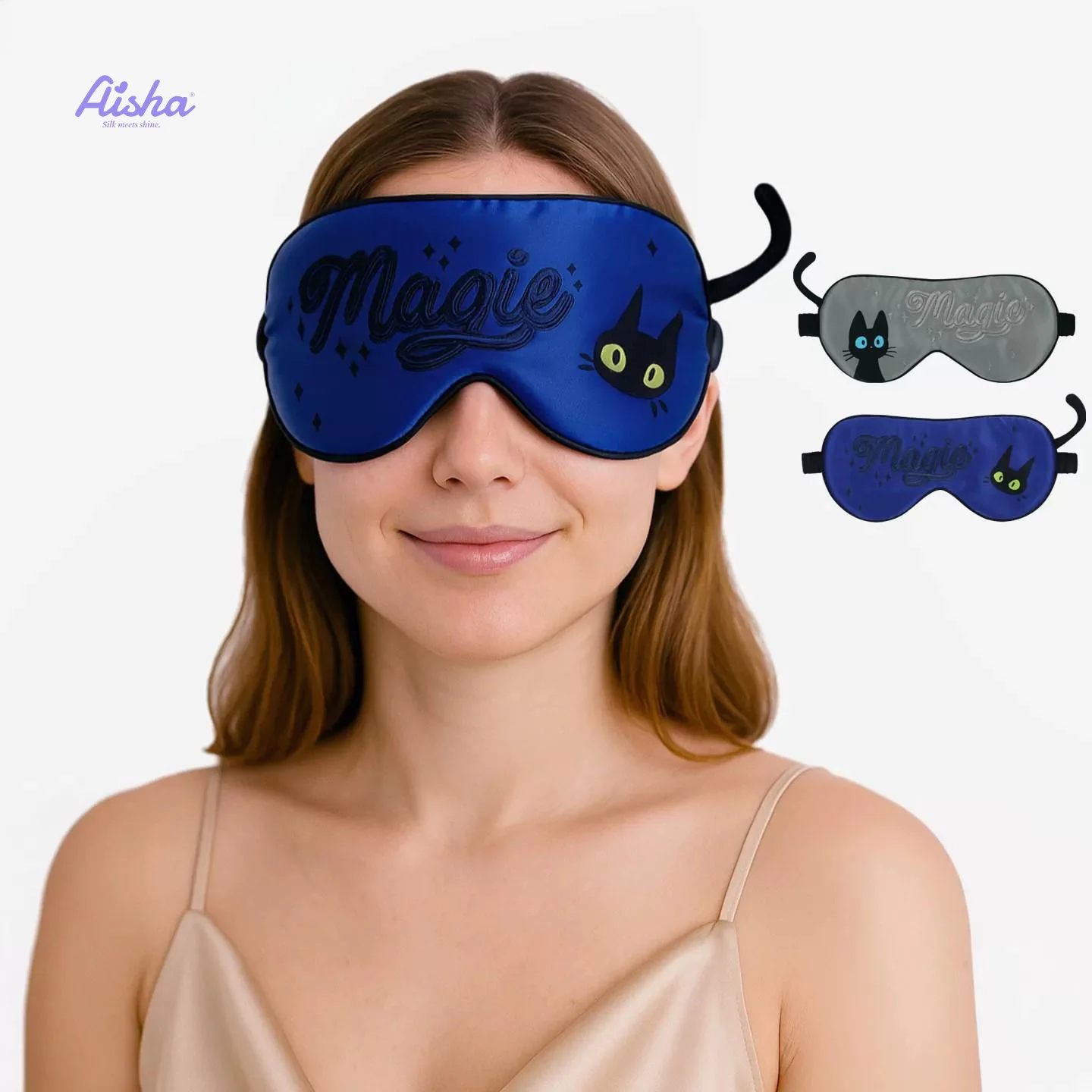 Aisha Cat Borduurwerk zijden slaapmasker ademend volledig verduisterend oogmasker reis slaapmasker zijden luxe cadeauset voor vrouwen