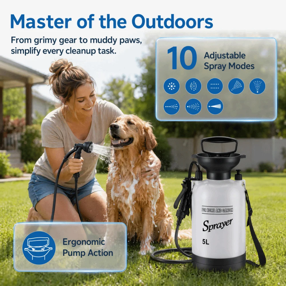 3/4/5L Hand Press Portable Shower Hand‑Pump Multi-Functional Portable Camping Shower Manual Air with Removable Hose