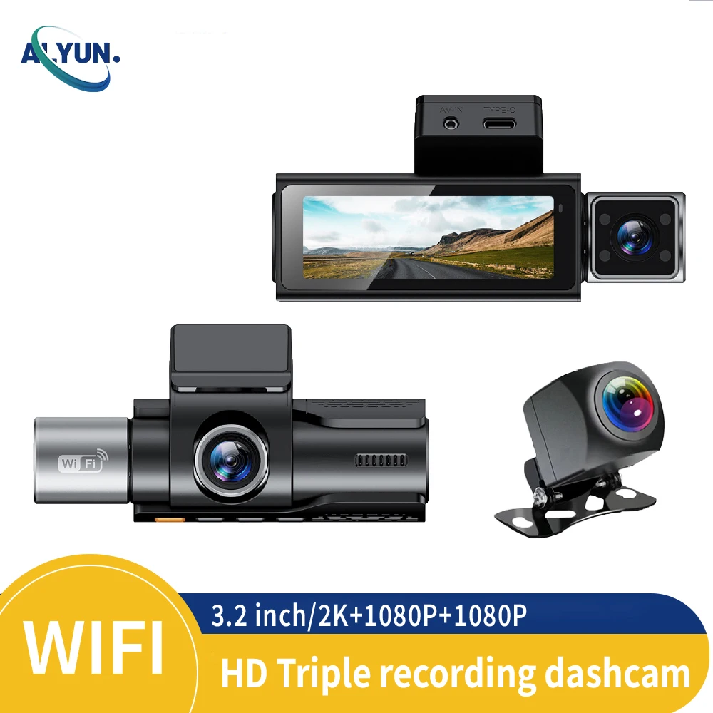 

3Lens 3.2Inch Dash Cam Hidden Car DVR WiFi APP Control 2K Front Inside Rear Wide Angle Super Night Vision Loop Recording