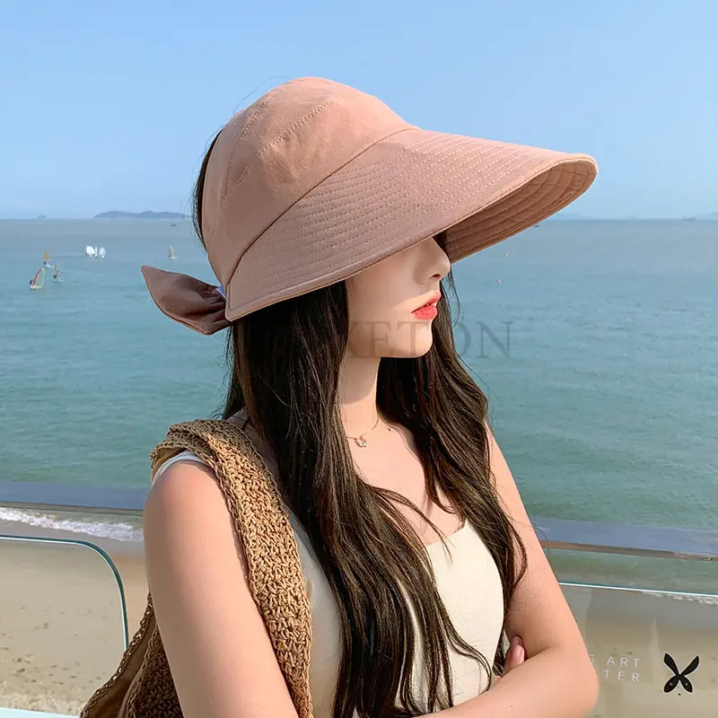 New Women Bucket Solid Color Soft Cotton Wide Brim Outdoor Foldable Sun Hats Beach Big Bows Panama Caps Ladies