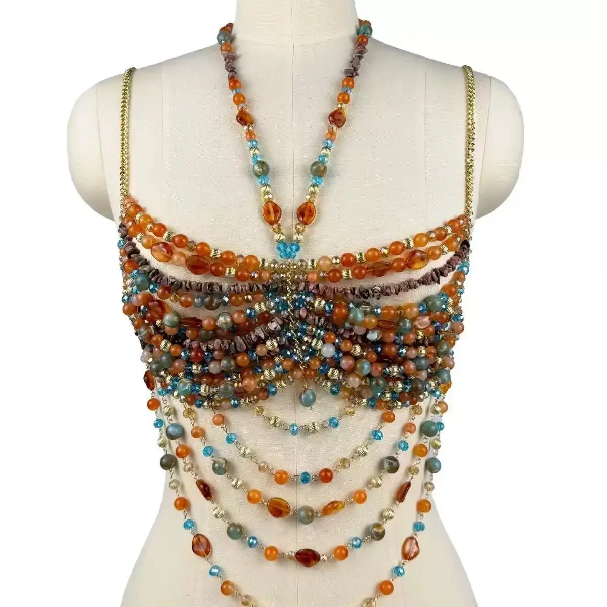 Women's Body Chain Beaded Camisole Vest Backless Top Body Jewelry Pearl Necklace Corset Fashion Bra Nightclub Rave Partywear