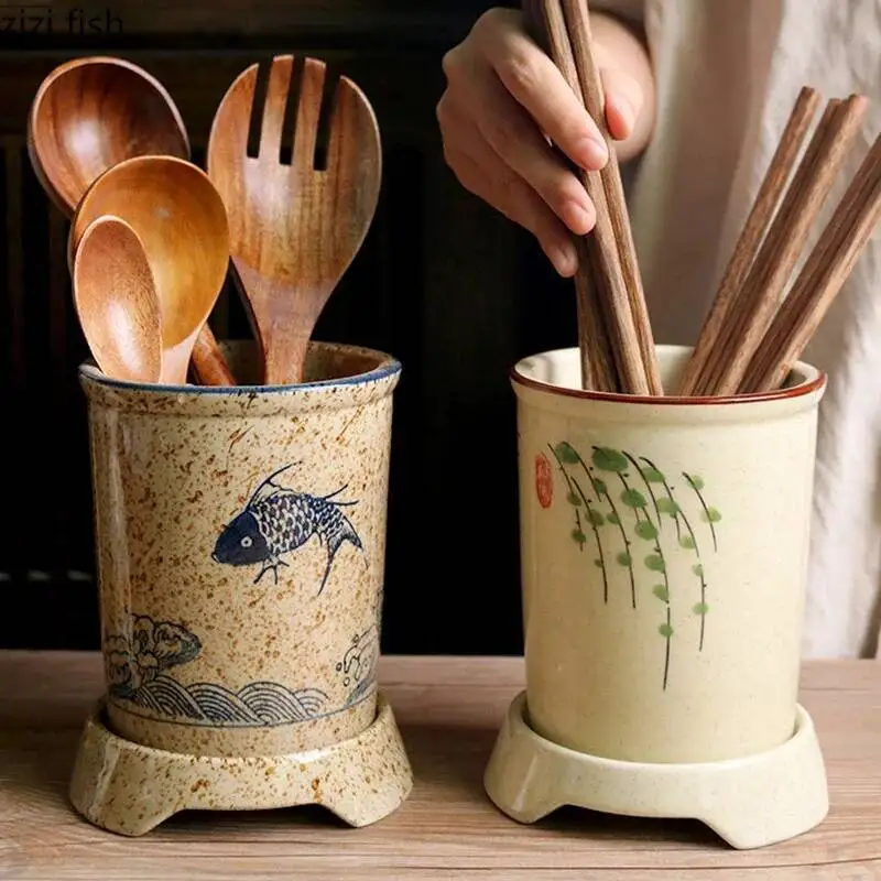 

Ceramic Drain Retro Chopstick Holder Simple Home Cutlery Knife Spoon Forks Storage Rack Kitchen Shees