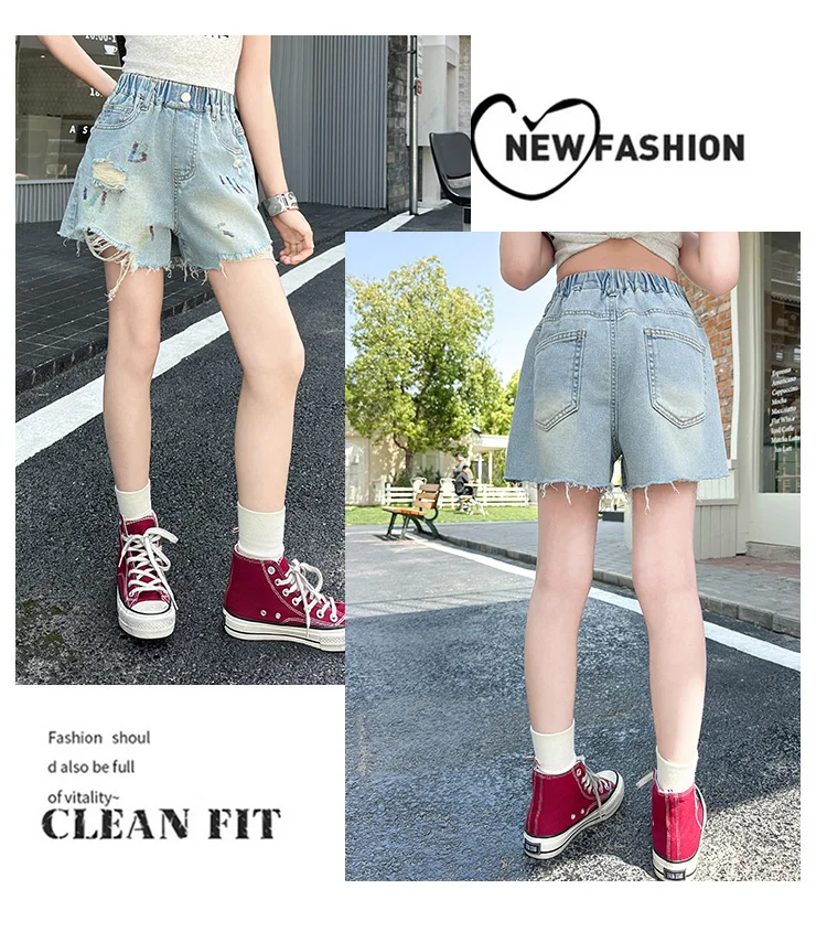 Sommerliche, stylische, zerrissene Jeansshorts mit Stickereien für Mädchen im Teenageralter, High-Fashion-Street-Style, Mini-Shorts für Kinder – Detail 6