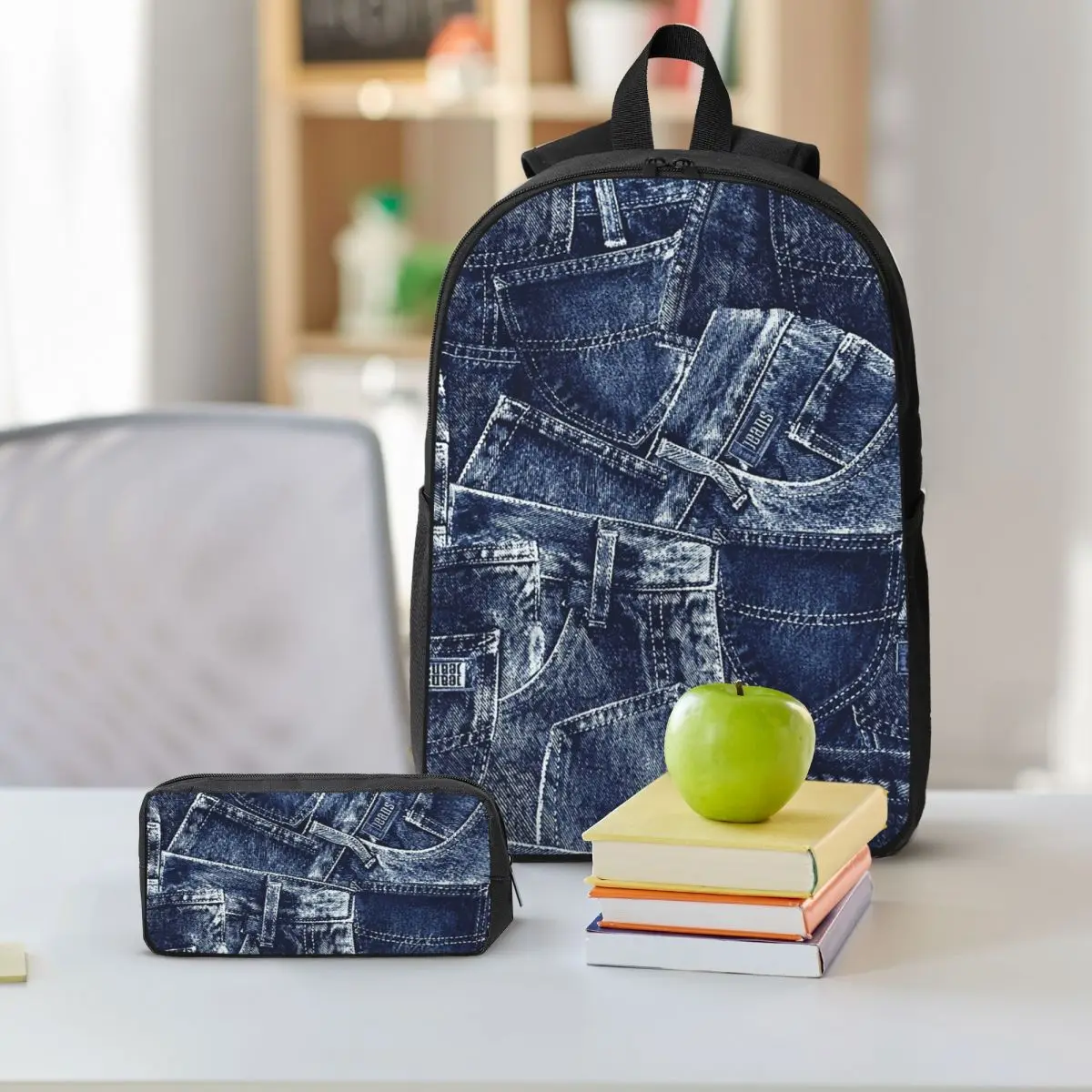 Faux Denim Patchwork Print Backpack Boys Girls BookBag School Bag Shoulder Bags 3ps Insulated Lunch Bag Pencil Case