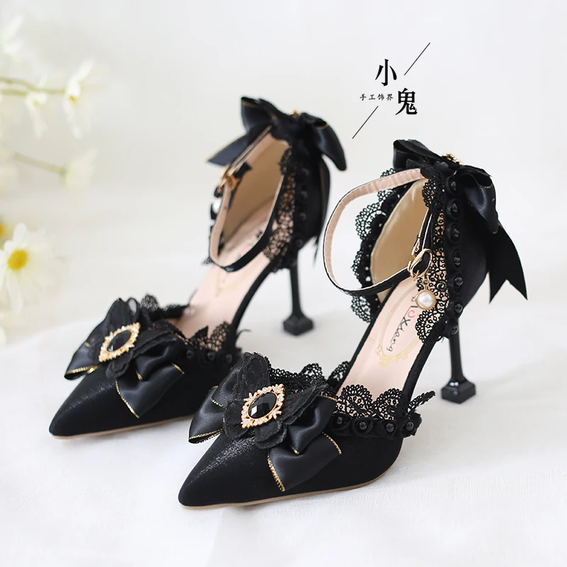 Elegant Lolita handmade dark black butterfly lace high heels shoes adult ceremony flower marriage shoes elegant sandals