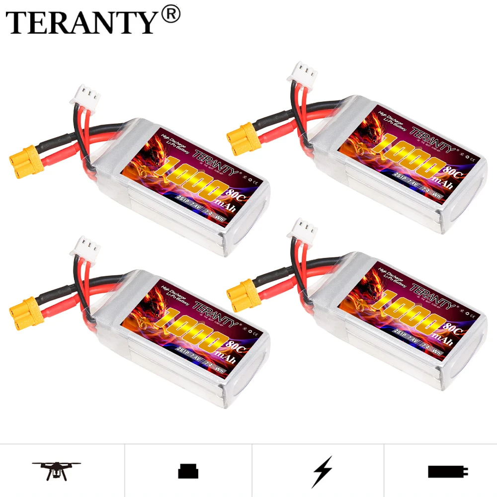 Upgraded 80C/160C 7.4V 1000mAh Lipo Battery For RC FPV Racing Drone Helicopter Quadcopter Spare TERANTY 2S Drones Battery