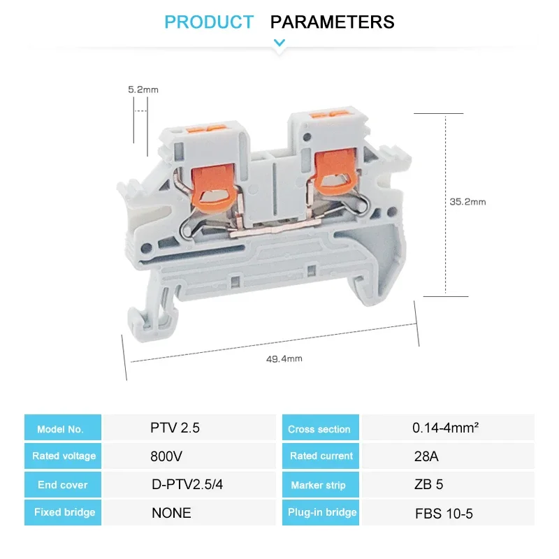 10Pcs PTV 2.5 DIN Rail Terminal Block Side-Entry Push-in Connection 2.5mm² 26-12AWG Cable Wiring Electrical Wire Connector