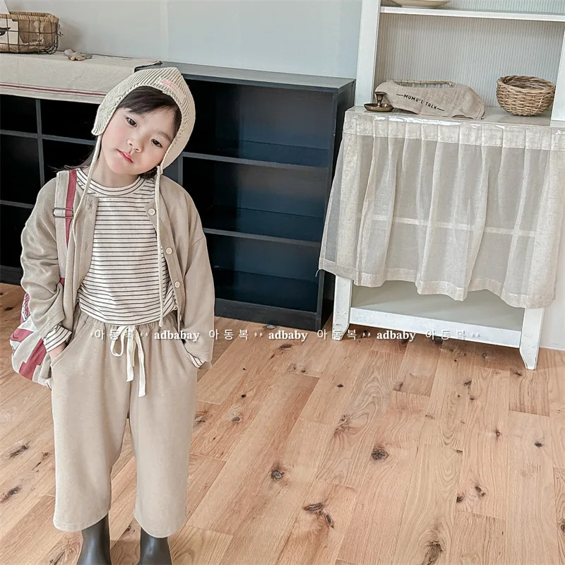 Kid Clothes Suit 2024 Korean Children Autumn New Children Korean Style Girl Cardigan Jacket and 9 Minute Pants 2-piece Set