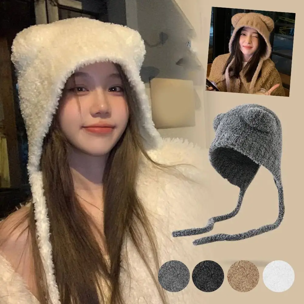 Gorros de felpa de invierno, bonito gorro de lana con orejas de oso, cálido con cordones, protección para los oídos, gorro de bombardero tejido, Gorros tejidos de Corea para mujeres