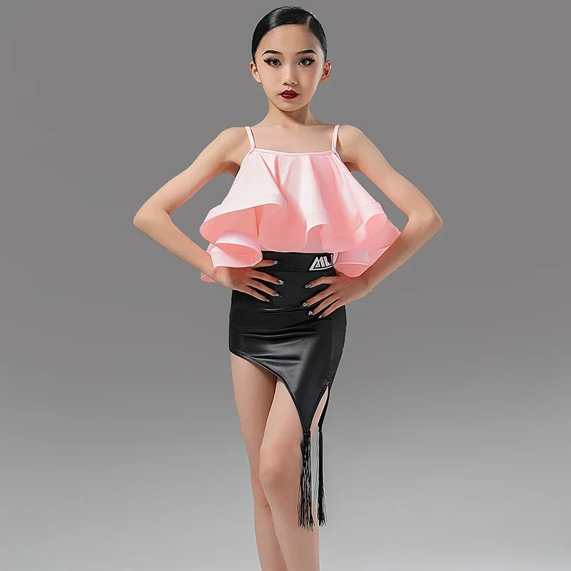 

Latin Dance Costumes For Girls Pink Sling Bodysuit Black Leather Skirt Rumba Tango Performance Costume Training Clothes