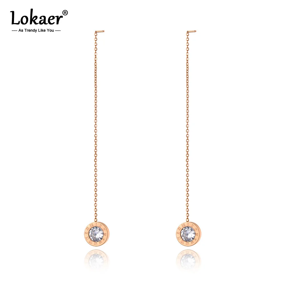 Lokaer Titanium Stainless Steel CZ Crystal Roman Numerals Tassel Earrings Fashion Bohemia Dangle Earrings For Women Girls E20213
