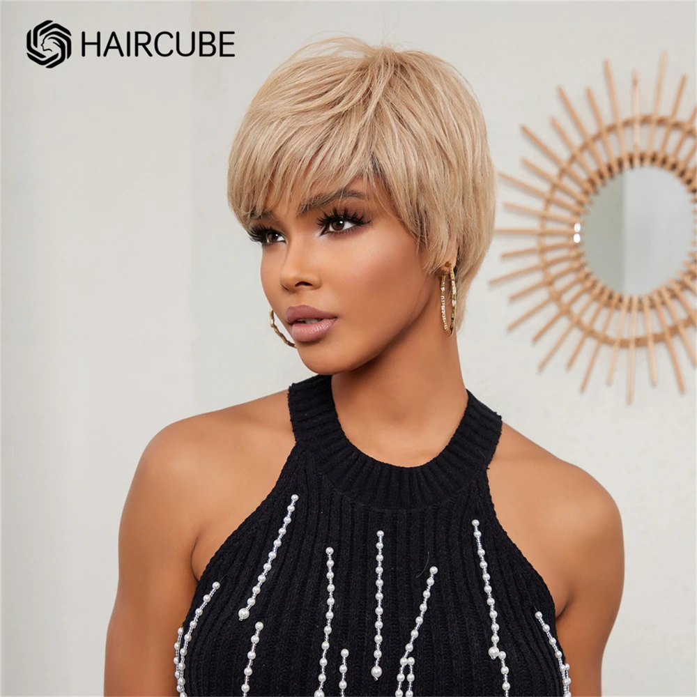 Short Bob Wigs Human Hair Pixie Cut Wigs with Bangs Blonde Golden Remy Human Hair for Brazilian Afro Women Natural Glueless Wig