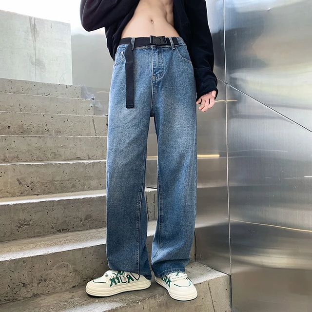 Blue Baggy Jeans Men Fashion Casual Straight Belt Jeans Men
