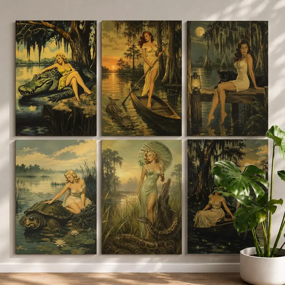 Vintage Swamp Pin Up Lady Art Poster HD Self Adhesive Waterproof Wall Art Ideal for Home Office Dorm Bedroom Great Gift