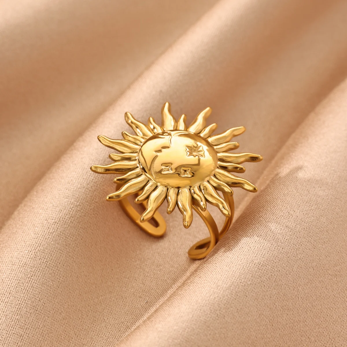 Luxury Sun Moon Star Rings For Women Stainless Steel Gold Color Open Finger Ring 2026 New Fashion Wedding Couple Jewelry
